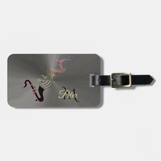 Zwarte saxofoon en muzieknoten monogram bagagelabel (Voorkant horizontaal)