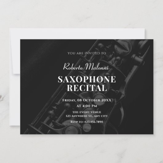 Zwarte saxofoon jazz muziek recital Uitnodiging (Voorkant)
