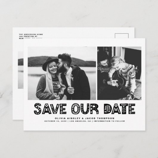 Zwarte Scandinavische fotocollage Bewaar onze datu Aankondigingskaart (Voorkant / Achterkant)