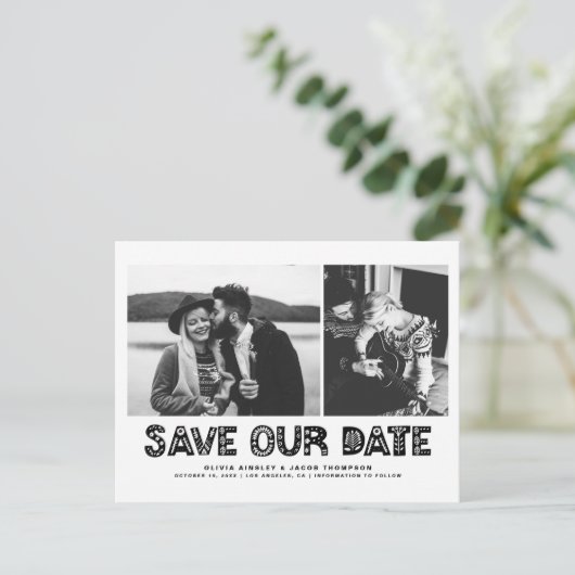 Zwarte Scandinavische fotocollage Bewaar onze datu Aankondigingskaart (Staand voorkant)