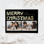 Zwarte Scandinavische Twee Foto Kerstmis Folie Feestdagen Briefkaart<br><div class="desc">Stuur feestvreugde met ons aanpasbare twee-foto kerst briefkaart, met charmante Scandinavische stijl typografie. Dit gouden folie briefkaart combineert de moderne esthetiek prachtig met een feestelijke sfeer, zodat u twee van uw favoriete foto's kunt laten zien. De moderne typografie wordt aangevuld met een minimalistisch ontwerp dat de essentie van de Scandinavische...</div>