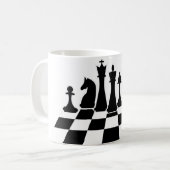Zwarte schaakstukken op een schaakbord koffiemok (Voorkant links)