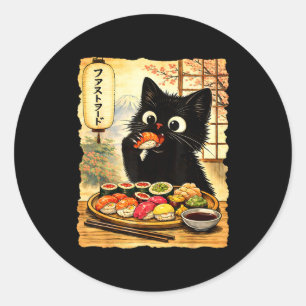 Zwarte schattige kat die sushi kawaii Japans eten Ronde Sticker
