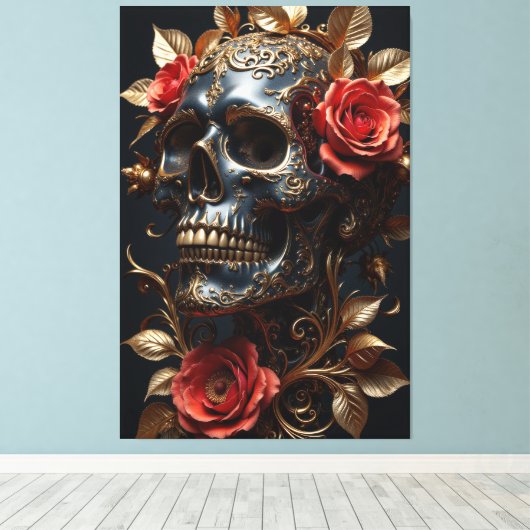 Zwarte schedel canvas afdruk (Insitu (Houten vloer))