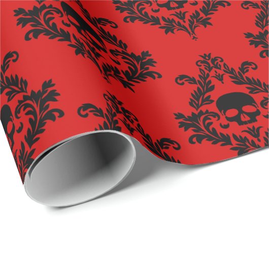 Zwarte schedel damast op helder rood Wrapping papi Cadeaupapier (Rol Hoek)