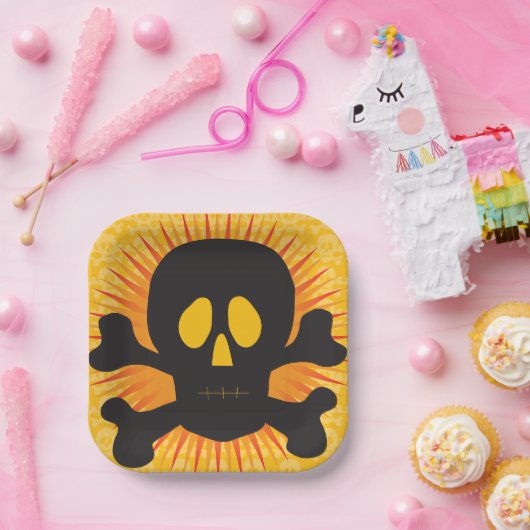 Zwarte schedel en kruisbeenderen papieren bordje (Feest)