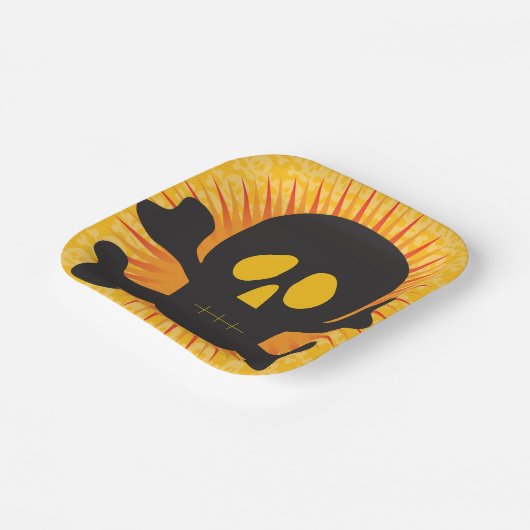 Zwarte schedel en kruisbeenderen papieren bordje (Gebogen)