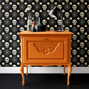 Zwarte Schedel en Spinneweb Bloemig Halloween Behang