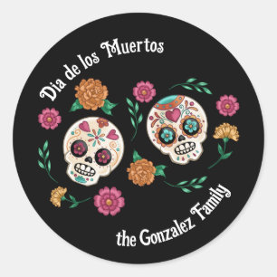 Zwarte Schedels en Bloemen voor de Dag van de Dode Ronde Sticker
