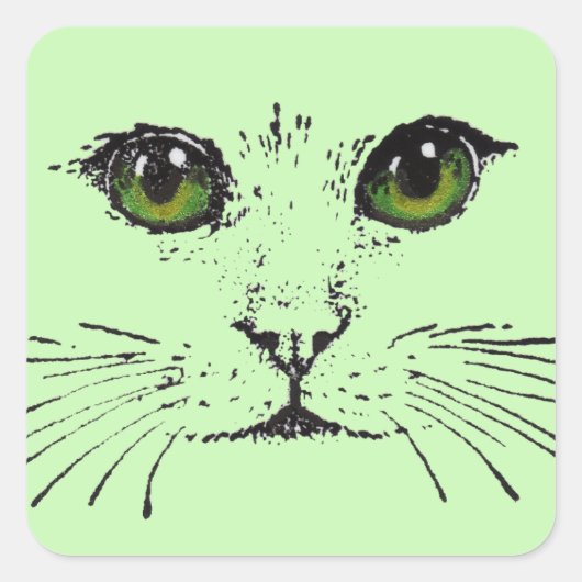 Zwarte schets van Cat Face Intense Green Eyes Vierkante Sticker (Voorkant)