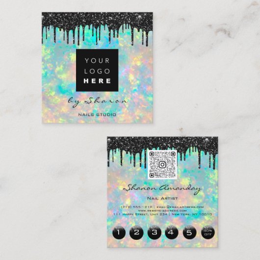 Zwarte schijven 6 Punks QRCodeLogo Hair Holograaf Vierkante Visitekaartje (Voorkant / Achterkant)