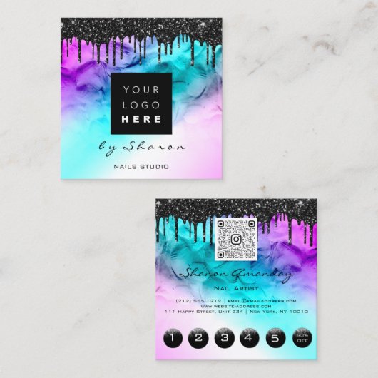 Zwarte schijven 6 Punks QRCodeLogo Hair Nail Roze Vierkante Visitekaartje (Voorkant / Achterkant)