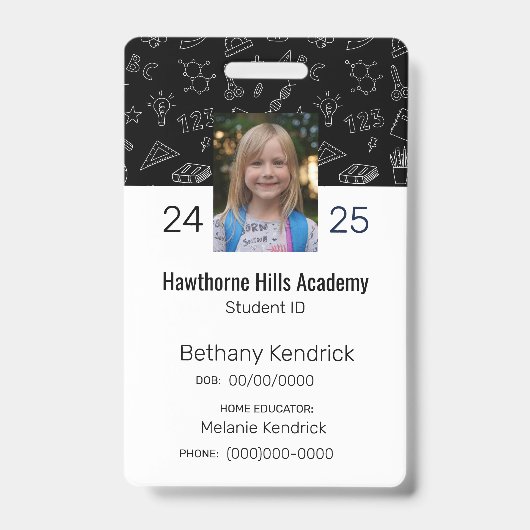 Zwarte School Iconen Homeschool Student ID Badge (Voorkant)