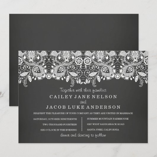 Zwarte schoolbord & kant bruiloft uitnodiging (Voorkant / Achterkant)