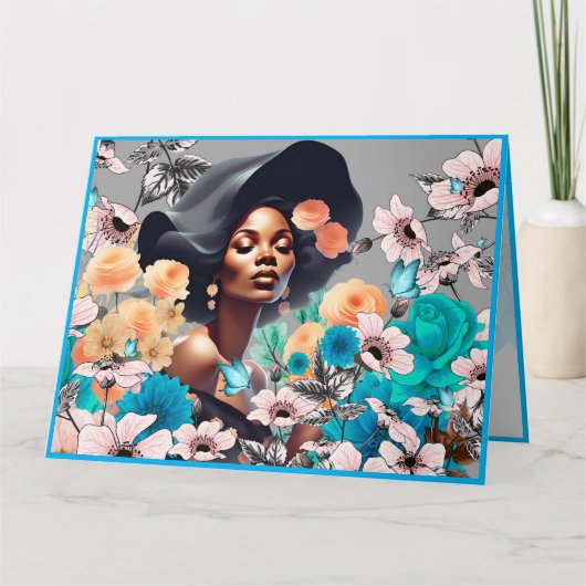 ZWARTE SCHOONHEID VROUW GRIJSTONEN BLOEMEN VLINDER KAART (Voorkant)