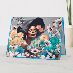 ZWARTE SCHOONHEID VROUW GRIJSTONEN BLOEMEN VLINDER KAART