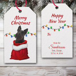 Zwarte Schotse Terrier in Santa Bag Cadeaulabel