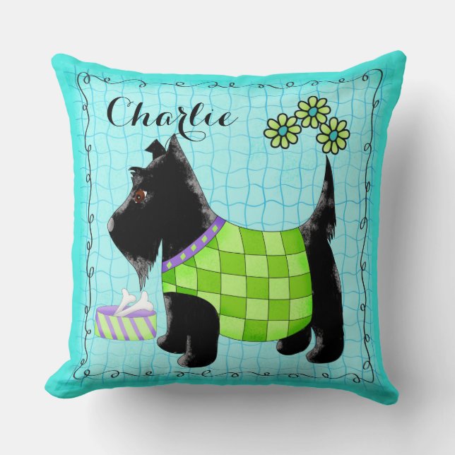 Zwarte Scottie Dog Name Personalize Turquoise Kussen (Voorkant)