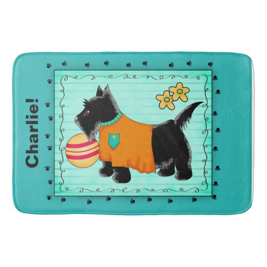 Zwarte Scottie Dog Name Persoonlijk Turquoise Blau Badmat (Voorkant)