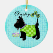 Zwarte Scottie Dog Name Persoonlijk Turquoise Keramisch Ornament (Voorkant)
