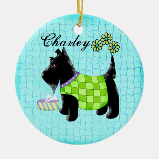 Zwarte Scottie Dog Name Persoonlijk Turquoise Keramisch Ornament (Voorkant)