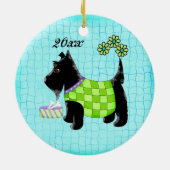 Zwarte Scottie Dog Name Persoonlijk Turquoise Keramisch Ornament (Achterkant)