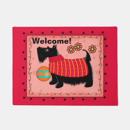 Zwarte Scottie Dog Welkom Red Coral Deurmat (Voorkant)