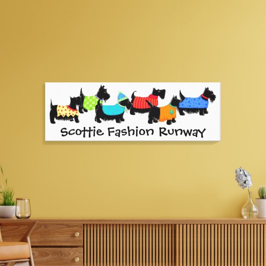 Zwarte Scottie Dogs Mode Runway Turquoise Art Canvas Afdruk (Insitu (Woonkamer))