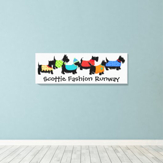 Zwarte Scottie Dogs Mode Runway Turquoise Art Canvas Afdruk (Insitu (Houten vloer))