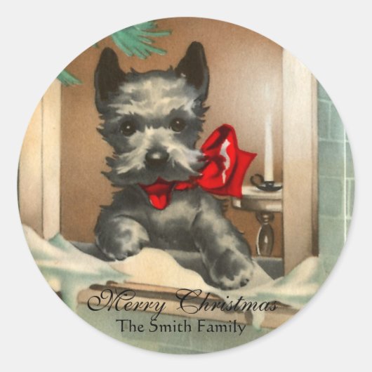 Zwarte Scottie Hond in Raam Rood Ronde Sticker (Voorkant)