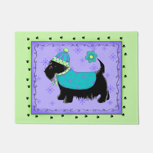 Zwarte Scottie Hond Welcoming Lime Green Lavendel Deurmat (Voorkant)