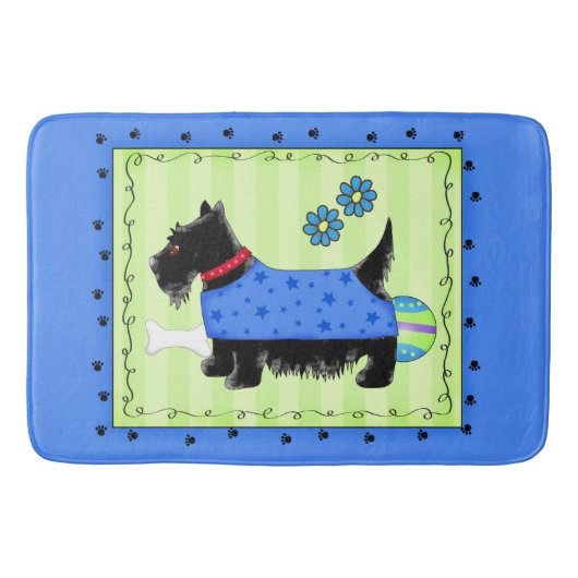 Zwarte Scottie Terrier Blue en Lime Green Badmat (Voorkant)