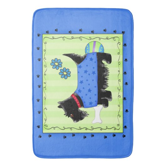Zwarte Scottie Terrier Blue en Lime Green Badmat (Voorkant Verticaal)