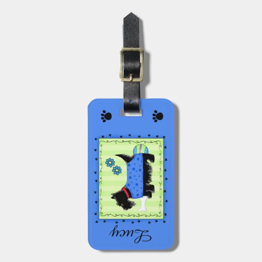 Zwarte Scottie Terrier Dog Name Persoonlijk Blauw Bagagelabel (Voorkant verticaal)