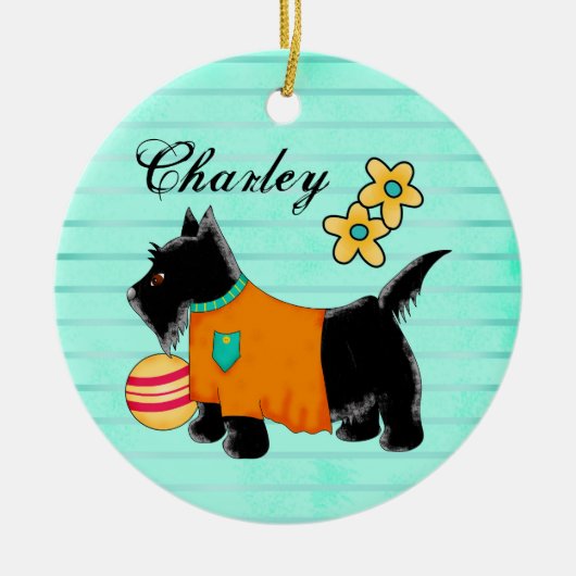 Zwarte Scottie Terrier Dog Name Persoonlijk Blauwg Keramisch Ornament (Voorkant)