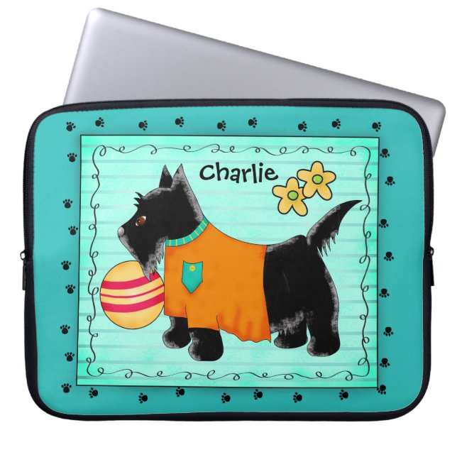 Zwarte Scottie Terrier Dog Name Persoonlijk Blauwg Laptop Sleeve (Voorkant)