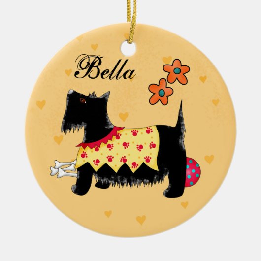Zwarte Scottie Terrier Dog Name Persoonlijk Geel Keramisch Ornament (Voorkant)