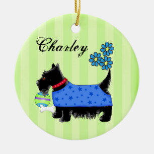 Zwarte Scottie Terrier Dog Name Persoonlijk Groen Keramisch Ornament
