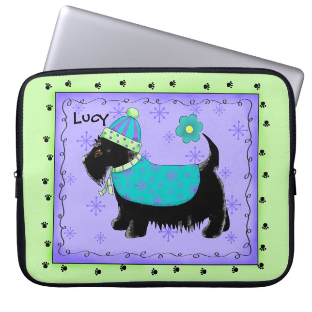 Zwarte Scottie Terrier Dog Name Persoonlijk Groen Laptop Sleeve (Voorkant)