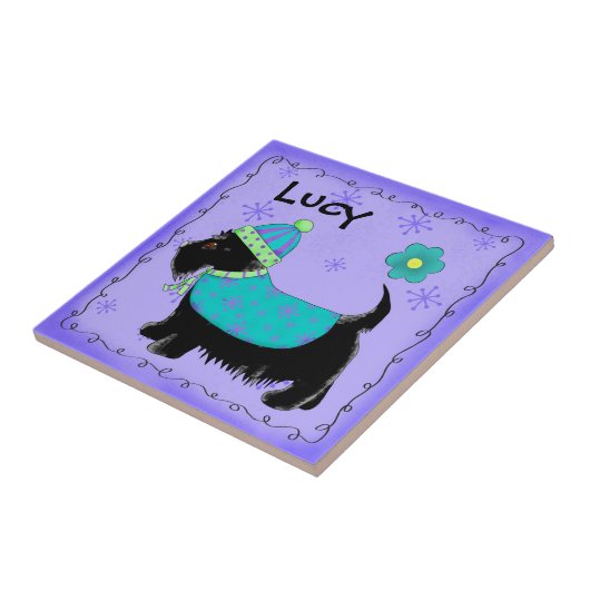 Zwarte Scottie Terrier Dog Name Persoonlijk Paars Tegeltje (Zijkant)