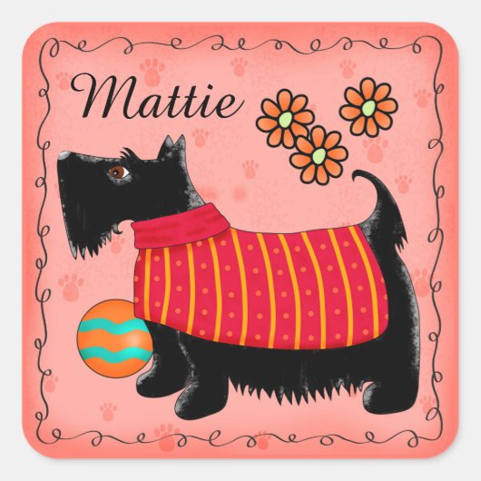 Zwarte Scottie Terrier Dog Name Persoonlijk Rood Vierkante Sticker (Voorkant)