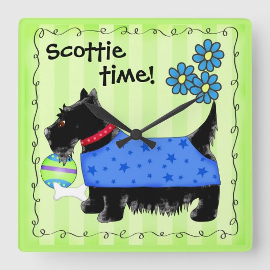 Zwarte Scottie Terrier Dog Persoonlijk Groen Vierkante Klok (Voorkant)