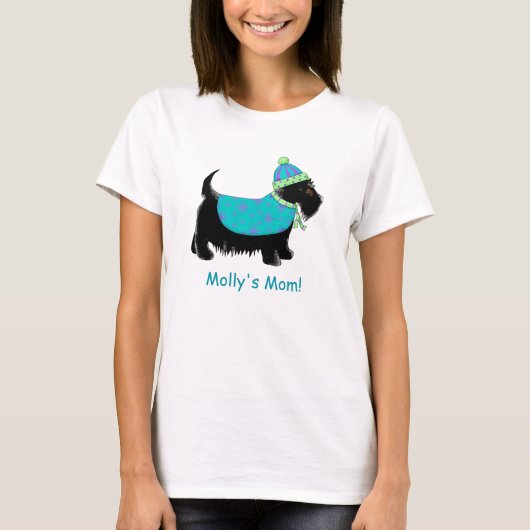 Zwarte Scottie Terrier Dog Turquoise Name Aangepas T-shirt (Voorkant)