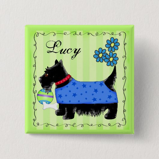 Zwarte Scottie Terrier Hond Gepersonaliseerde Naam Vierkante Button 5,1 Cm (Voorkant)