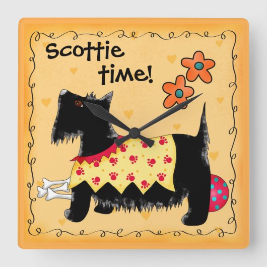 Zwarte Scottie Time Terrier Dog Personalized Yello Vierkante Klok (Voorkant)