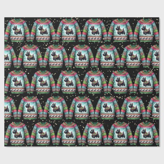 Zwarte Scotty Dog Lelijke Kersttrui Cadeaupapier (Vlak)
