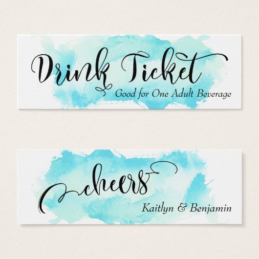 Zwarte Script & Aqua Aquarel Drinktickets Mini Visitekaartjes (Voorkant /achterkant)