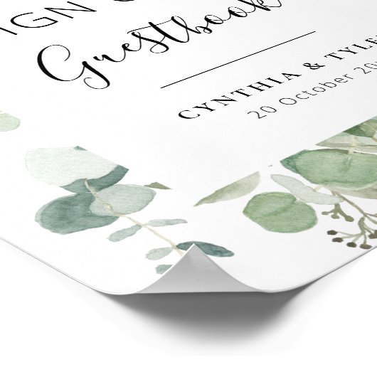 zwarte script groenblijvende eucalyptus trouwgaste poster (Hoek)