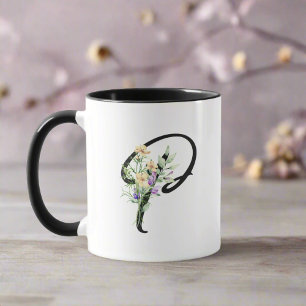 Zwarte Script Letter "P" Waterverf Flowers Mok