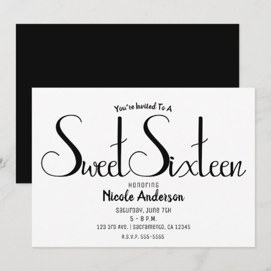Zwarte Script Moderne Minimalistische Sweet Sixtee Kaart (Voorkant / Achterkant)